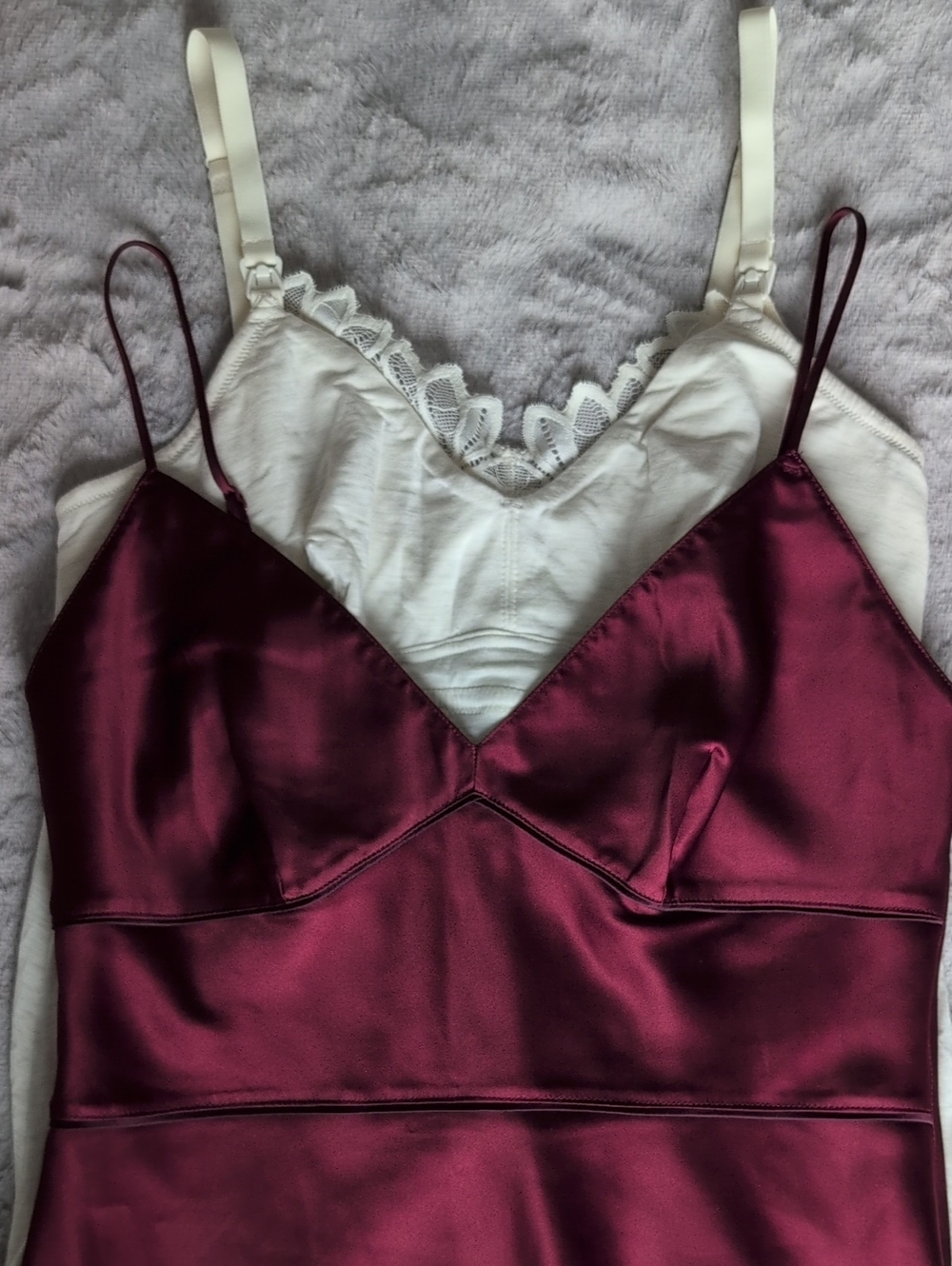 2 OYSHO Slips Bundle, Satin Burgundy And Cream Modal